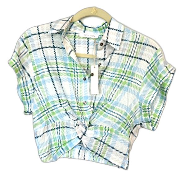 NWOT* Olivaceous Twist Front Crop Plaid Collared Shirt - Women's Large - Picture 1 of 5